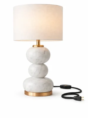 White Marble Table Lamp with Gold Accents & Fabric Shade