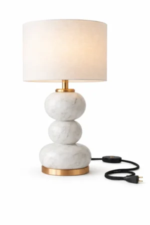 White Marble Table Lamp with Gold Accents & Fabric Shade