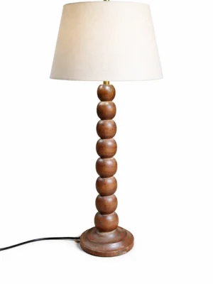Tall Wooden Table Lamp with Beaded Base & Linen Shade
