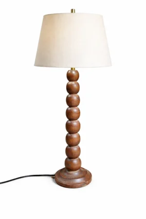 Tall Wooden Table Lamp with Beaded Base & Linen Shade