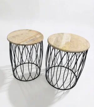 Round Wooden Top Side Tables with Metal Wire Base