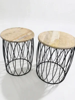 Round Wooden Top Side Tables with Metal Wire Base
