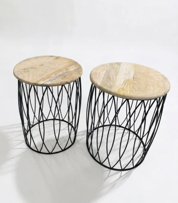 Round Wooden Top Side Tables with Metal Wire Base