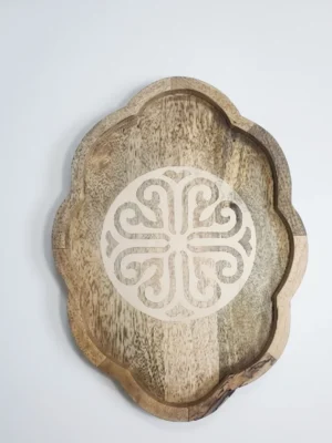 Handcrafted Wooden Serving Platter with Floral Edge & Intricate Inlay Design