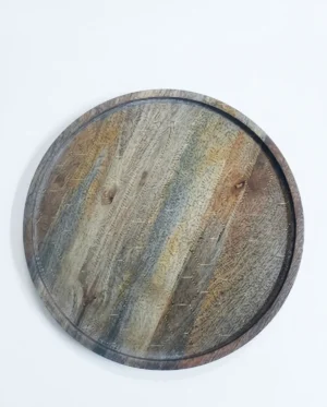 Round Wooden Serving Tray with Textured Finish & Subtle Geometric Detailing