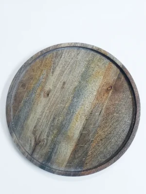 Round Wooden Serving Tray with Textured Finish & Subtle Geometric Detailing
