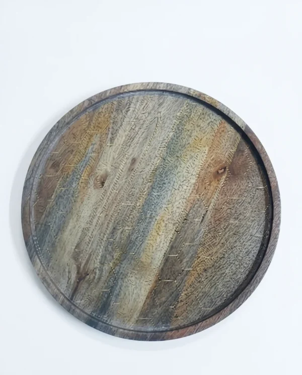 Round Wooden Serving Tray with Textured Finish & Subtle Geometric Detailing