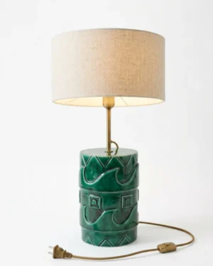 Artisan Green Ceramic Table Lamp with Carved Pattern Base & Linen Shade