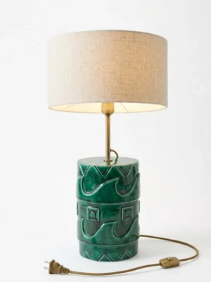 Artisan Green Ceramic Table Lamp with Carved Pattern Base & Linen Shade