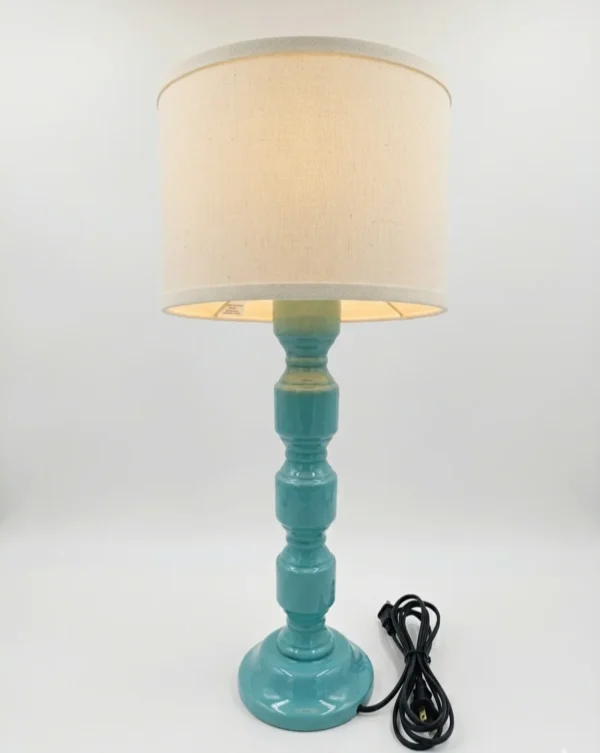Tall Turquoise Ceramic Table Lamp with Linen Shade