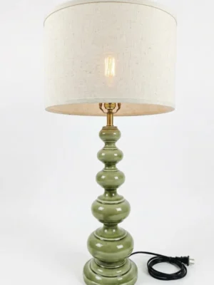 Tall Olive Green Ceramic Table Lamp with Linen Drum Shade