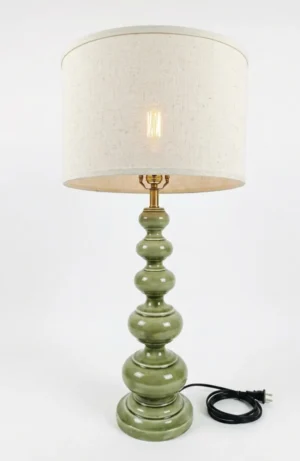 Tall Olive Green Ceramic Table Lamp with Linen Drum Shade