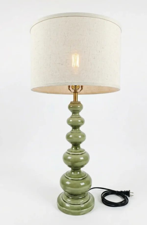 Tall Olive Green Ceramic Table Lamp with Linen Drum Shade